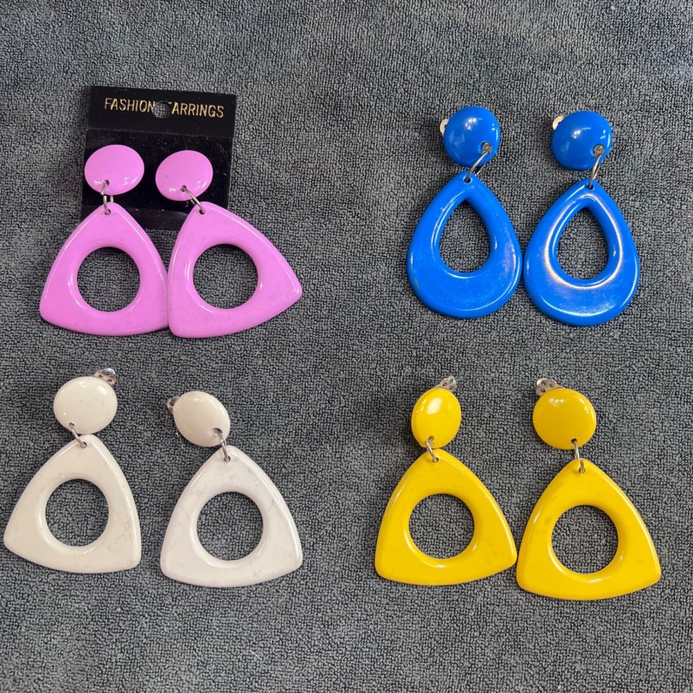 Vintage 80s Retro Clip On Earring Lot 4 Pairs Enamel Geometric Statement